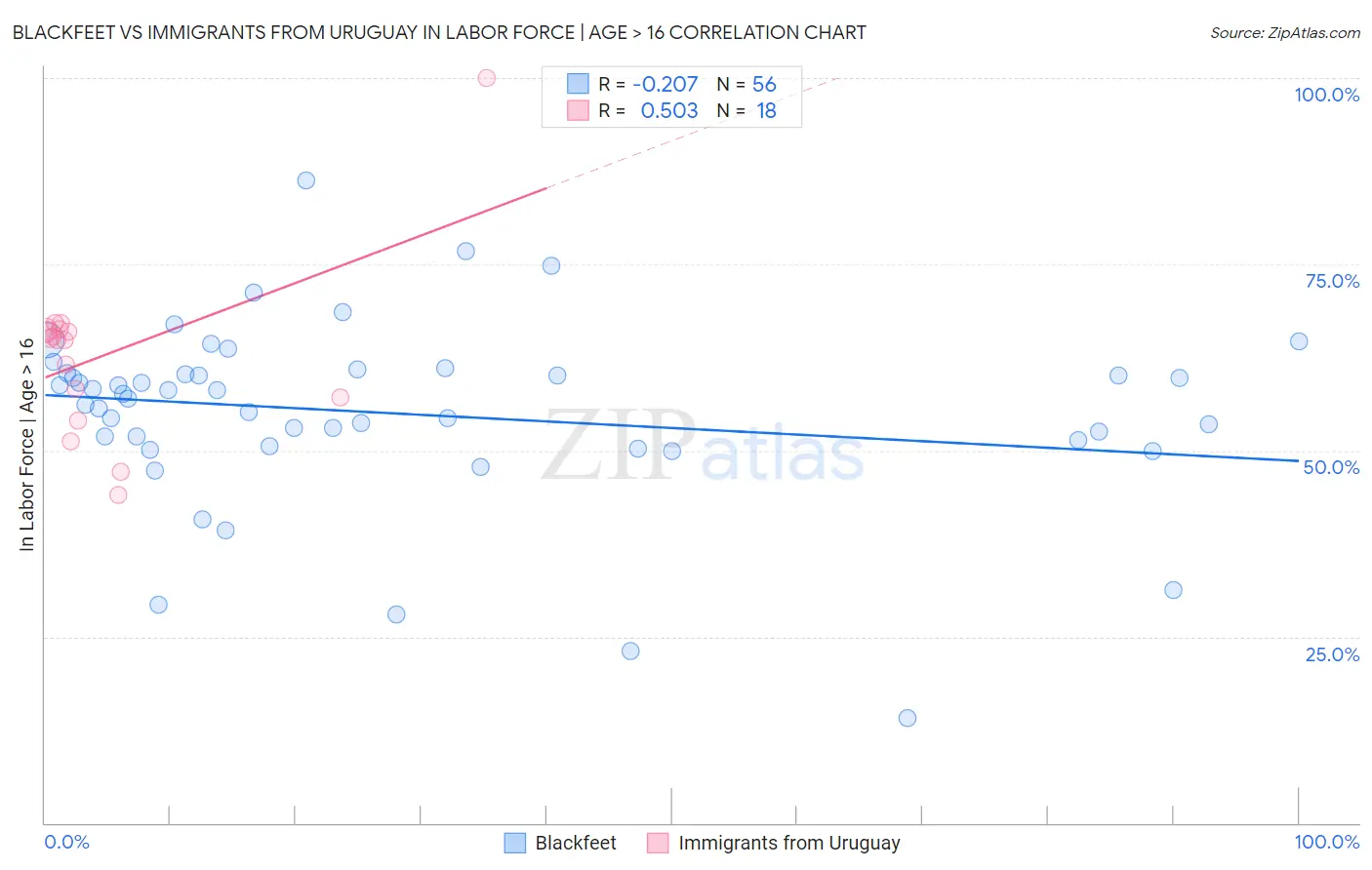 Blackfeet vs Immigrants from Uruguay In Labor Force | Age > 16