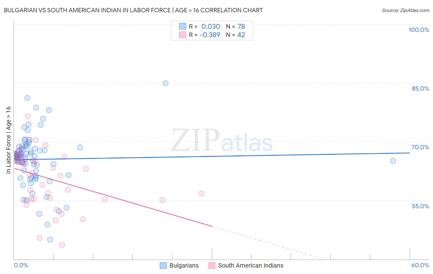 Bulgarian vs South American Indian In Labor Force | Age > 16