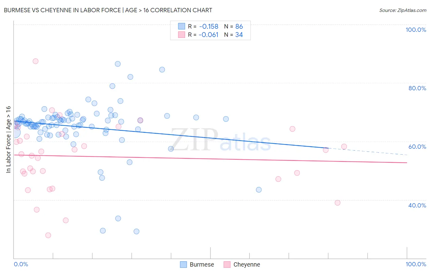 Burmese vs Cheyenne In Labor Force | Age > 16