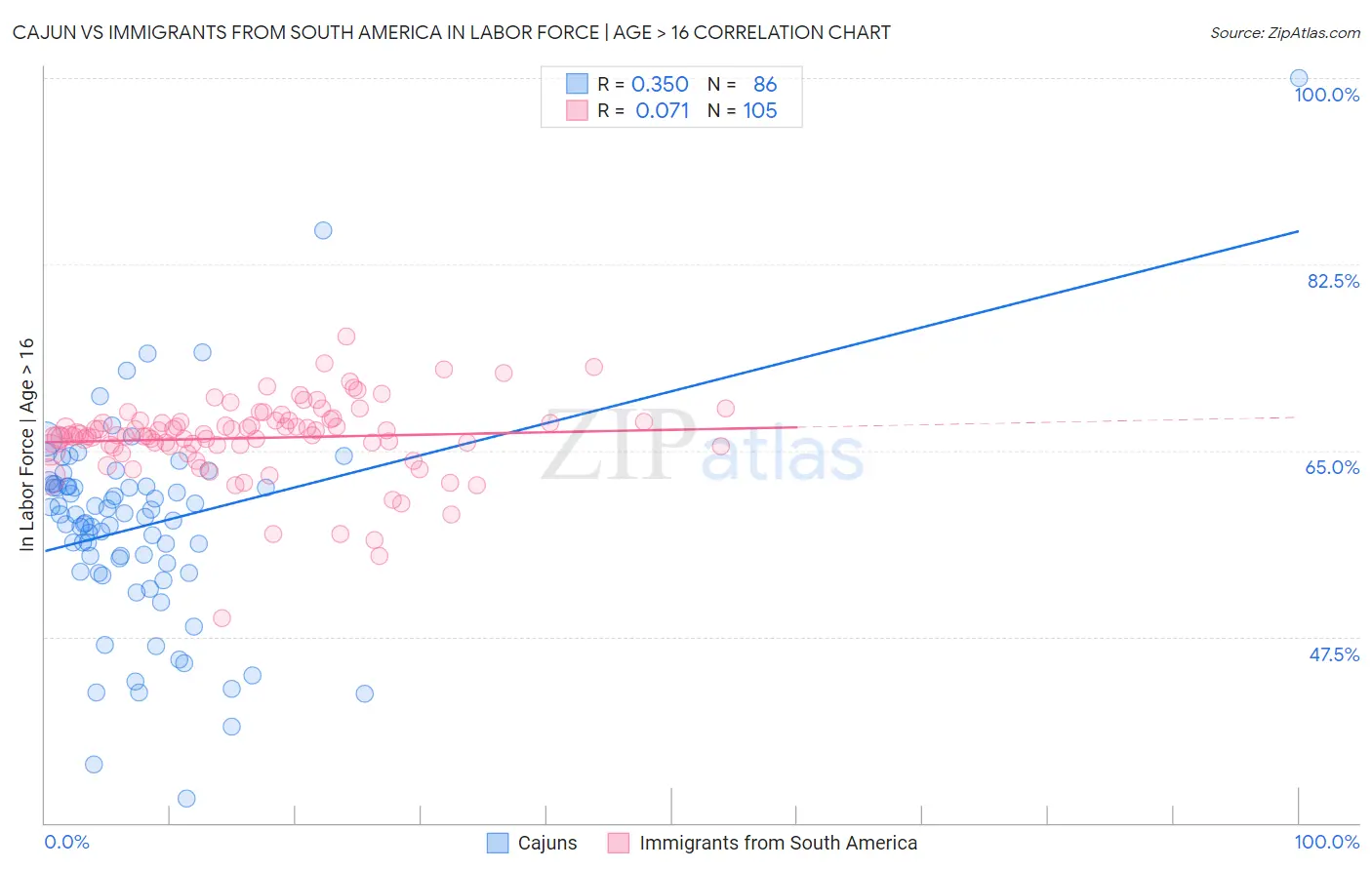 Cajun vs Immigrants from South America In Labor Force | Age > 16