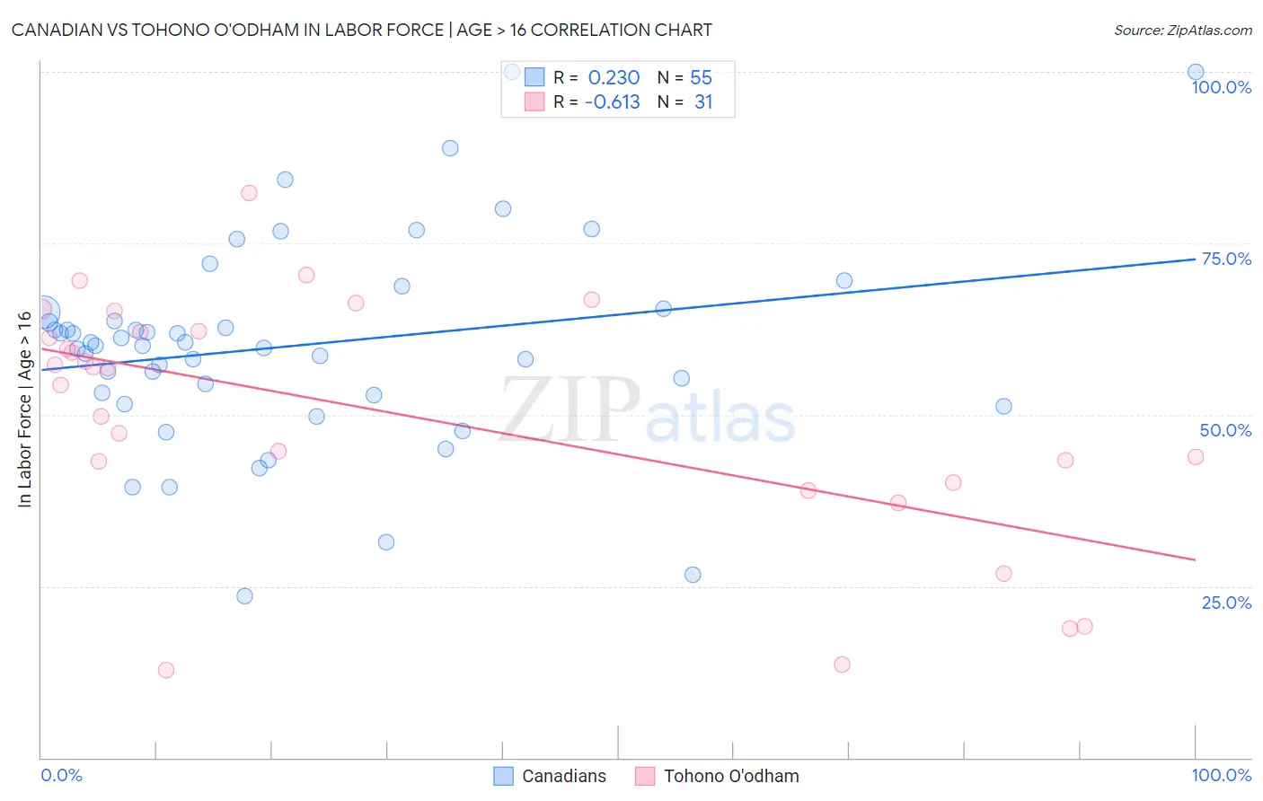 Canadian vs Tohono O'odham In Labor Force | Age > 16