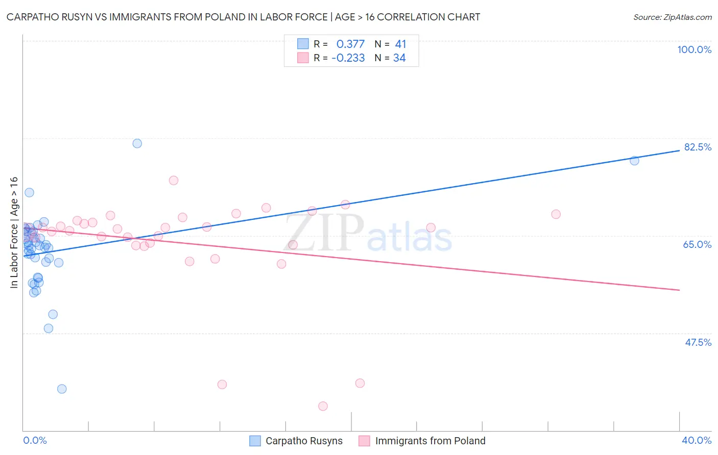 Carpatho Rusyn vs Immigrants from Poland In Labor Force | Age > 16