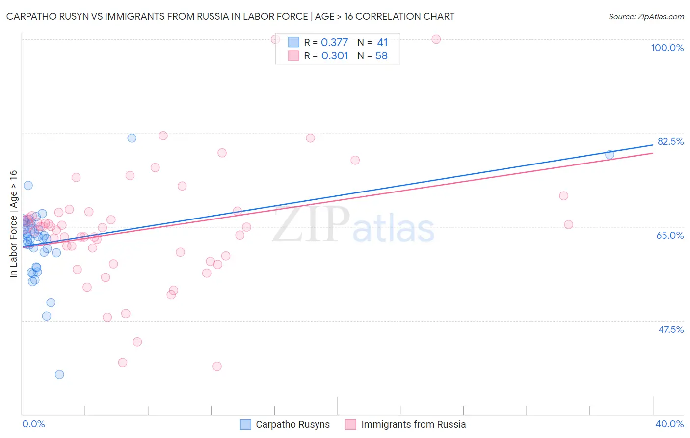 Carpatho Rusyn vs Immigrants from Russia In Labor Force | Age > 16