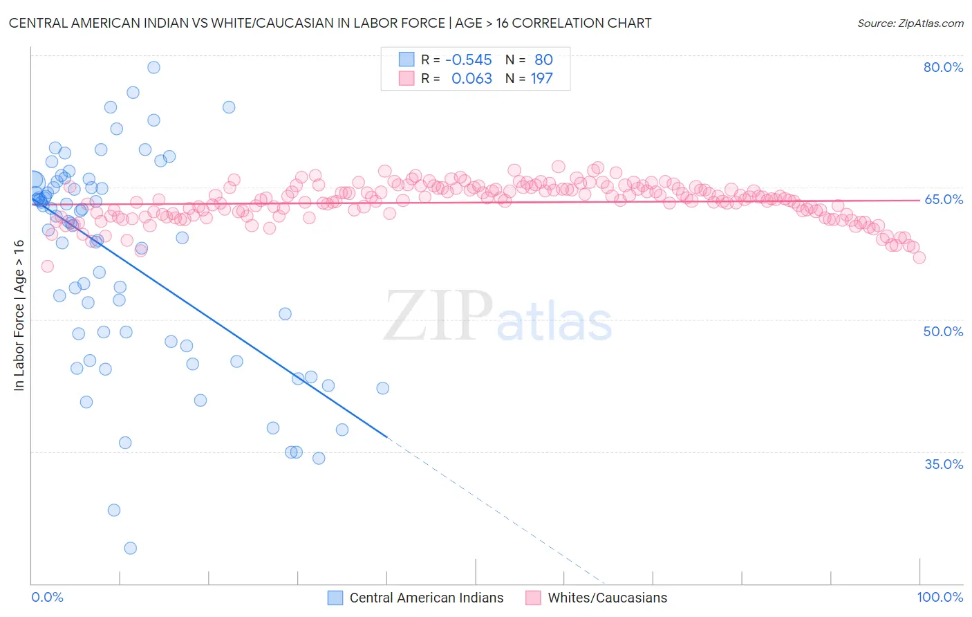 Central American Indian vs White/Caucasian In Labor Force | Age > 16