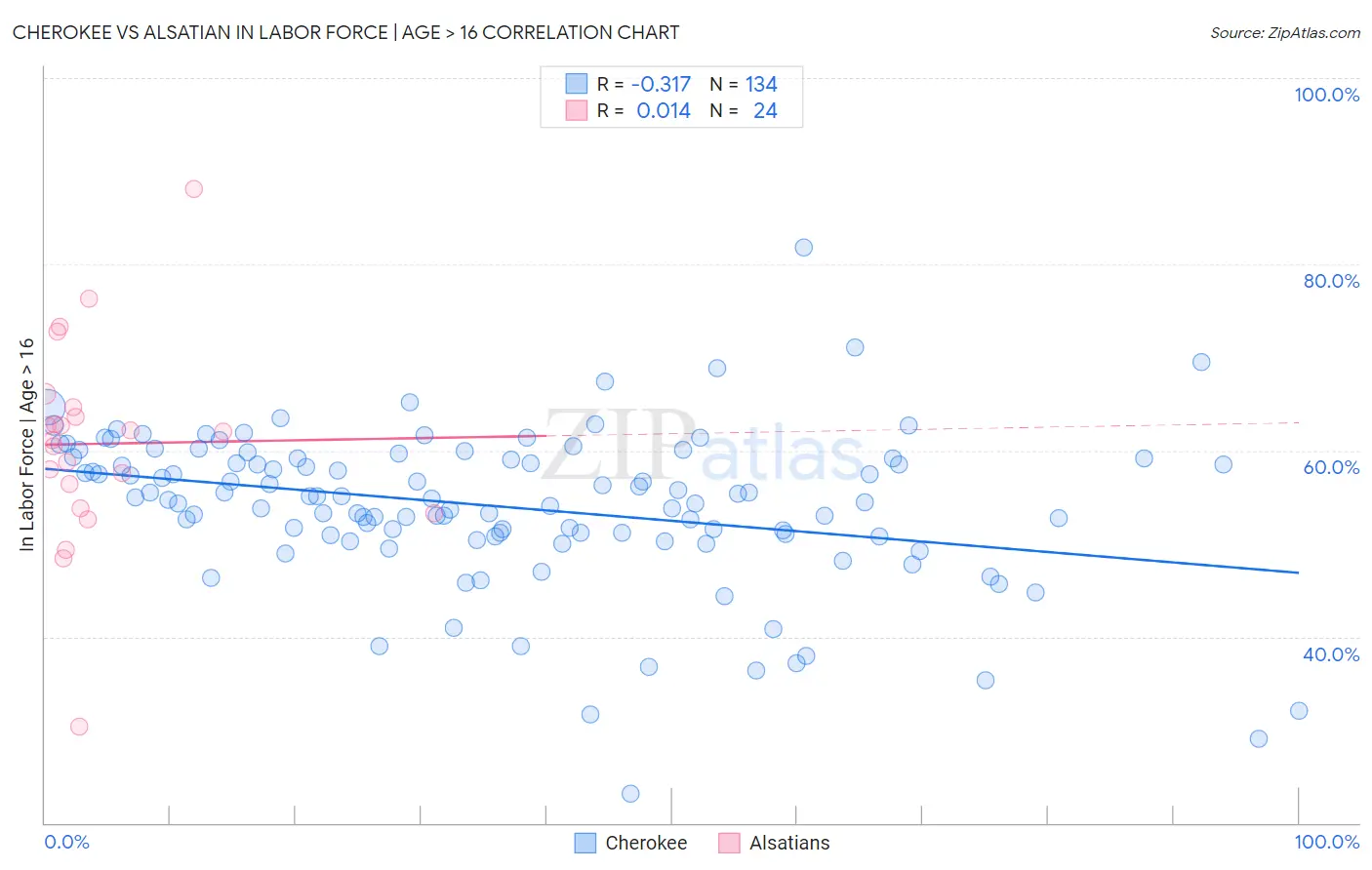 Cherokee vs Alsatian In Labor Force | Age > 16