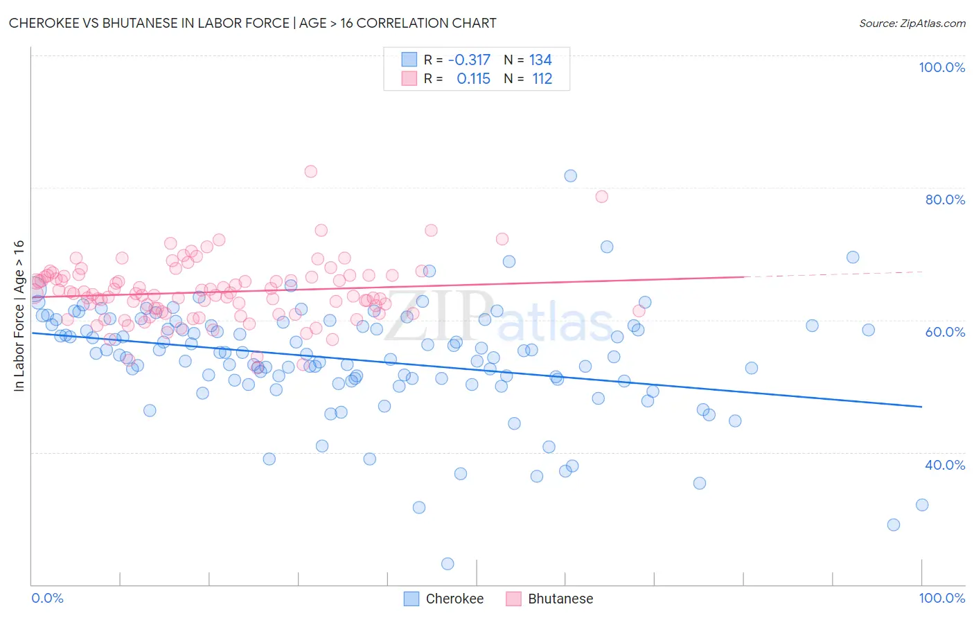 Cherokee vs Bhutanese In Labor Force | Age > 16