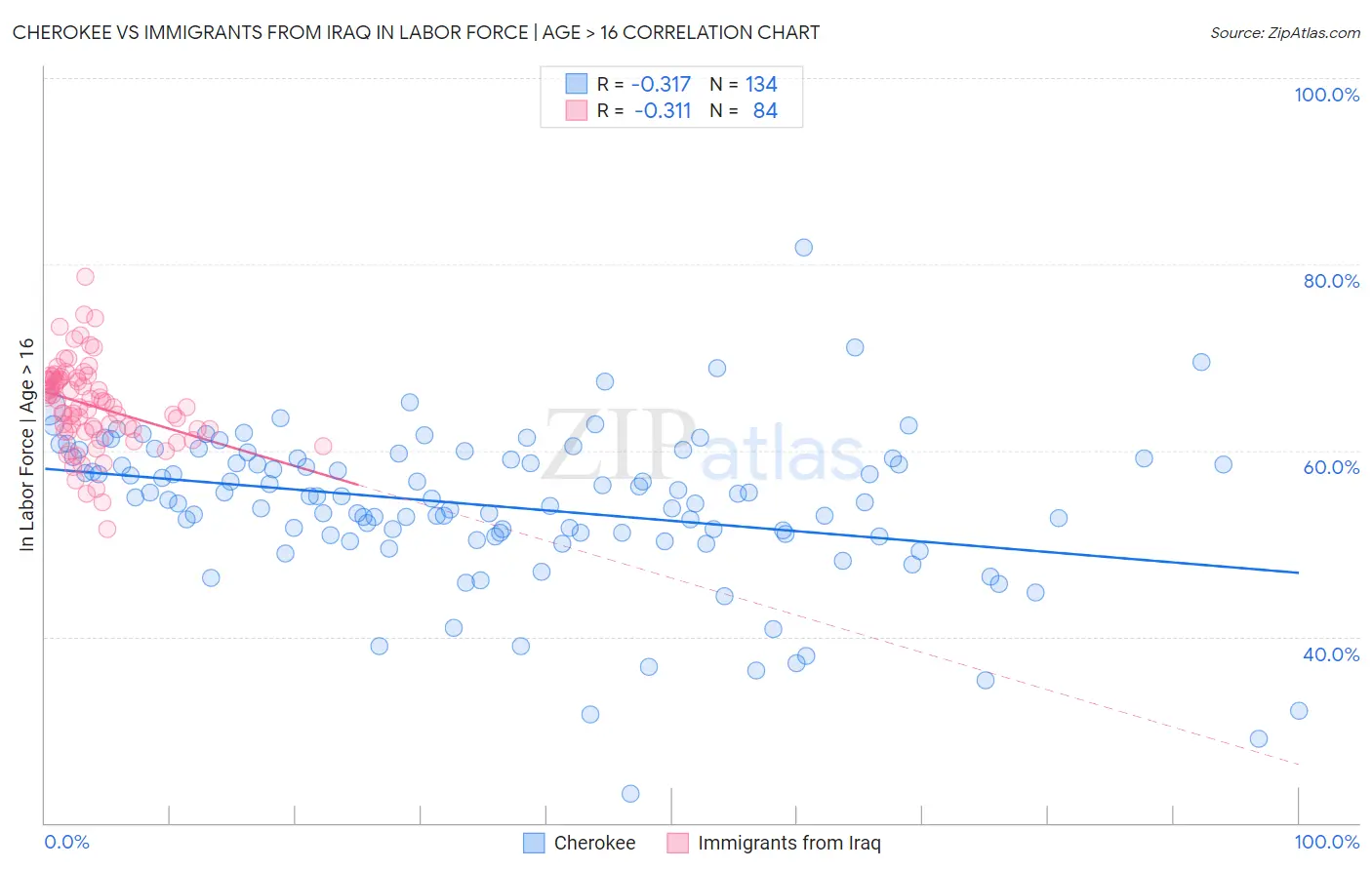 Cherokee vs Immigrants from Iraq In Labor Force | Age > 16