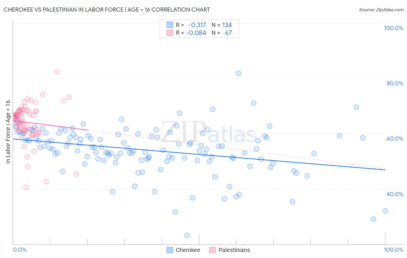 Cherokee vs Palestinian In Labor Force | Age > 16