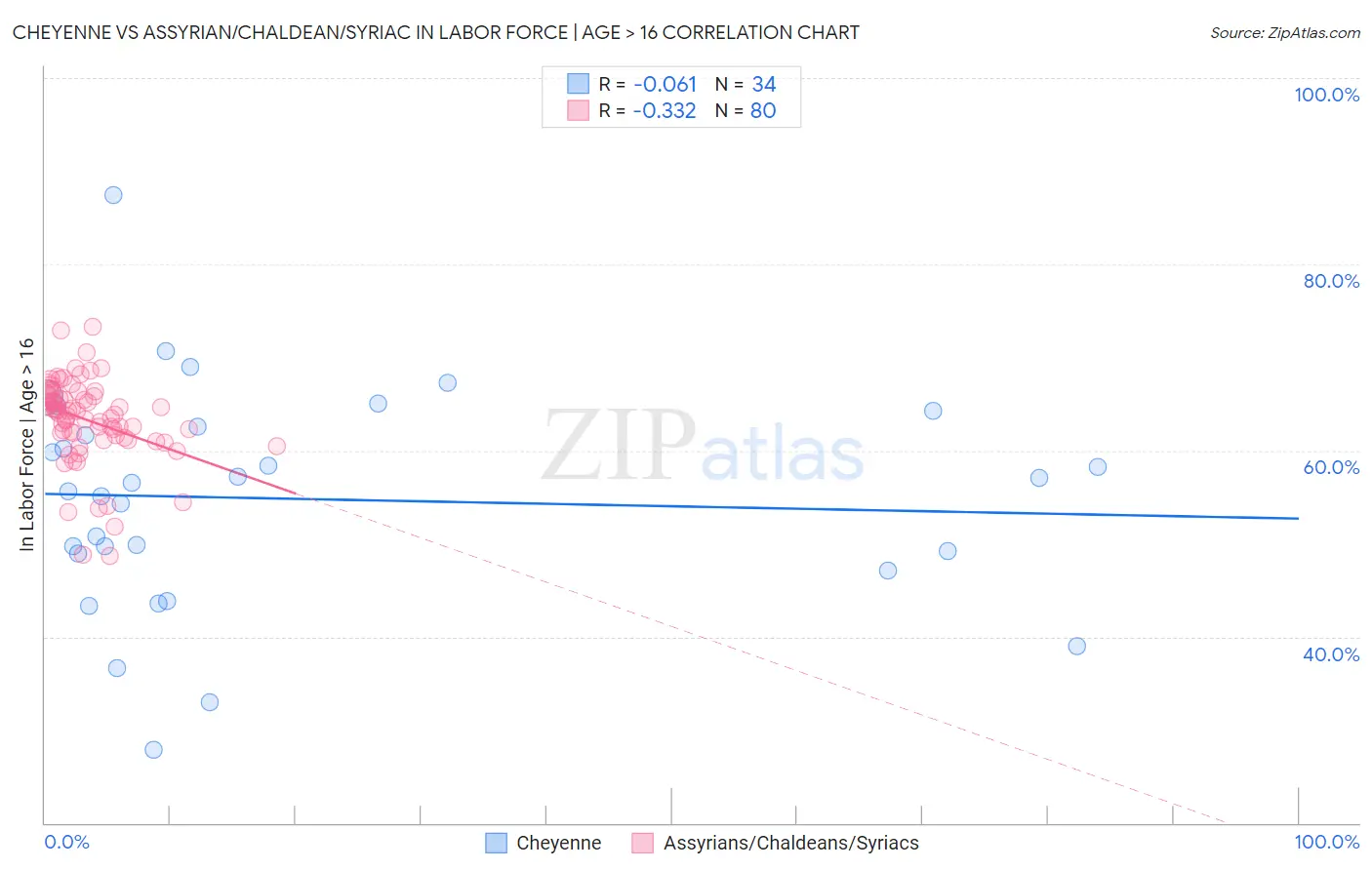 Cheyenne vs Assyrian/Chaldean/Syriac In Labor Force | Age > 16