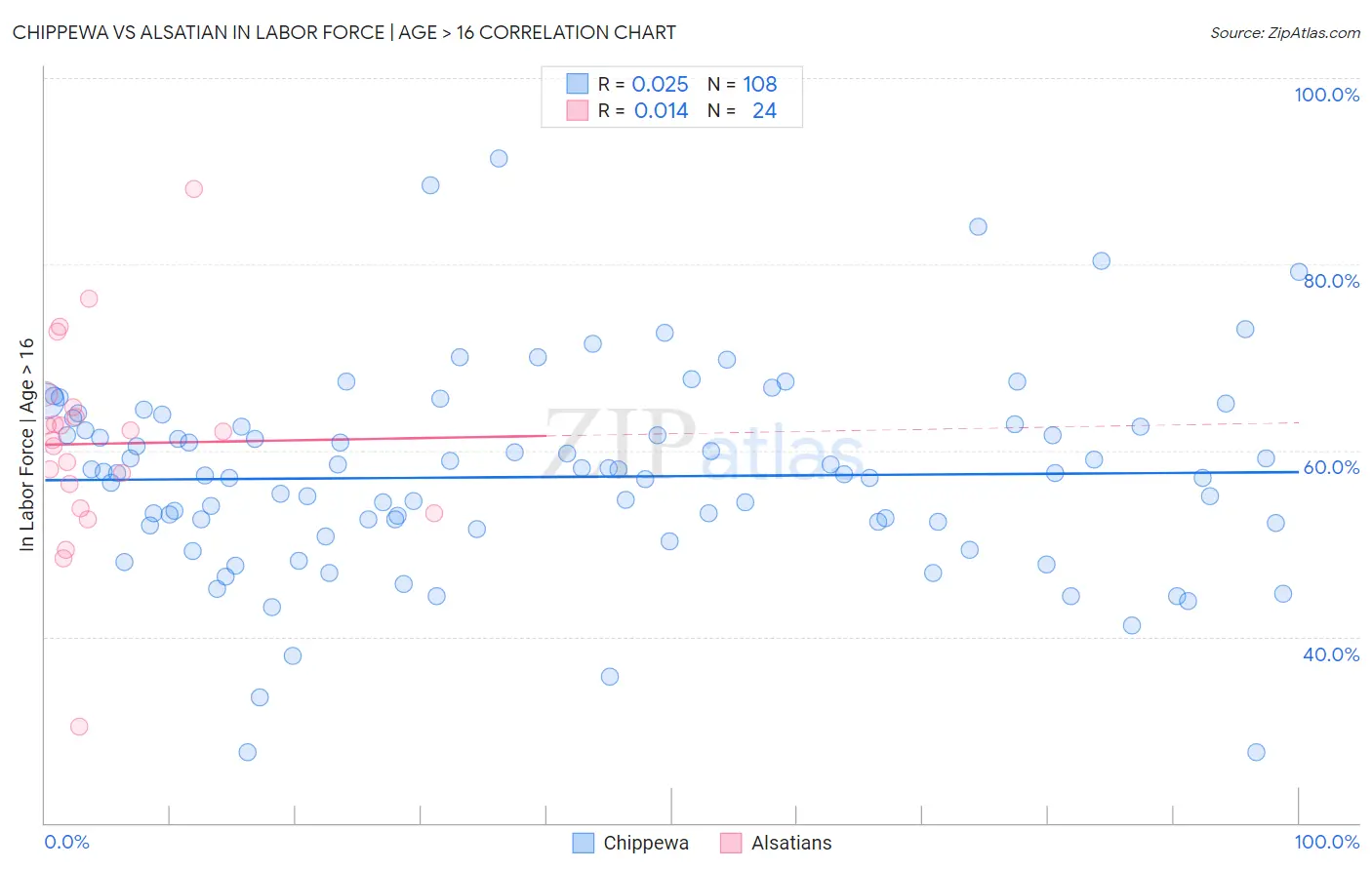 Chippewa vs Alsatian In Labor Force | Age > 16