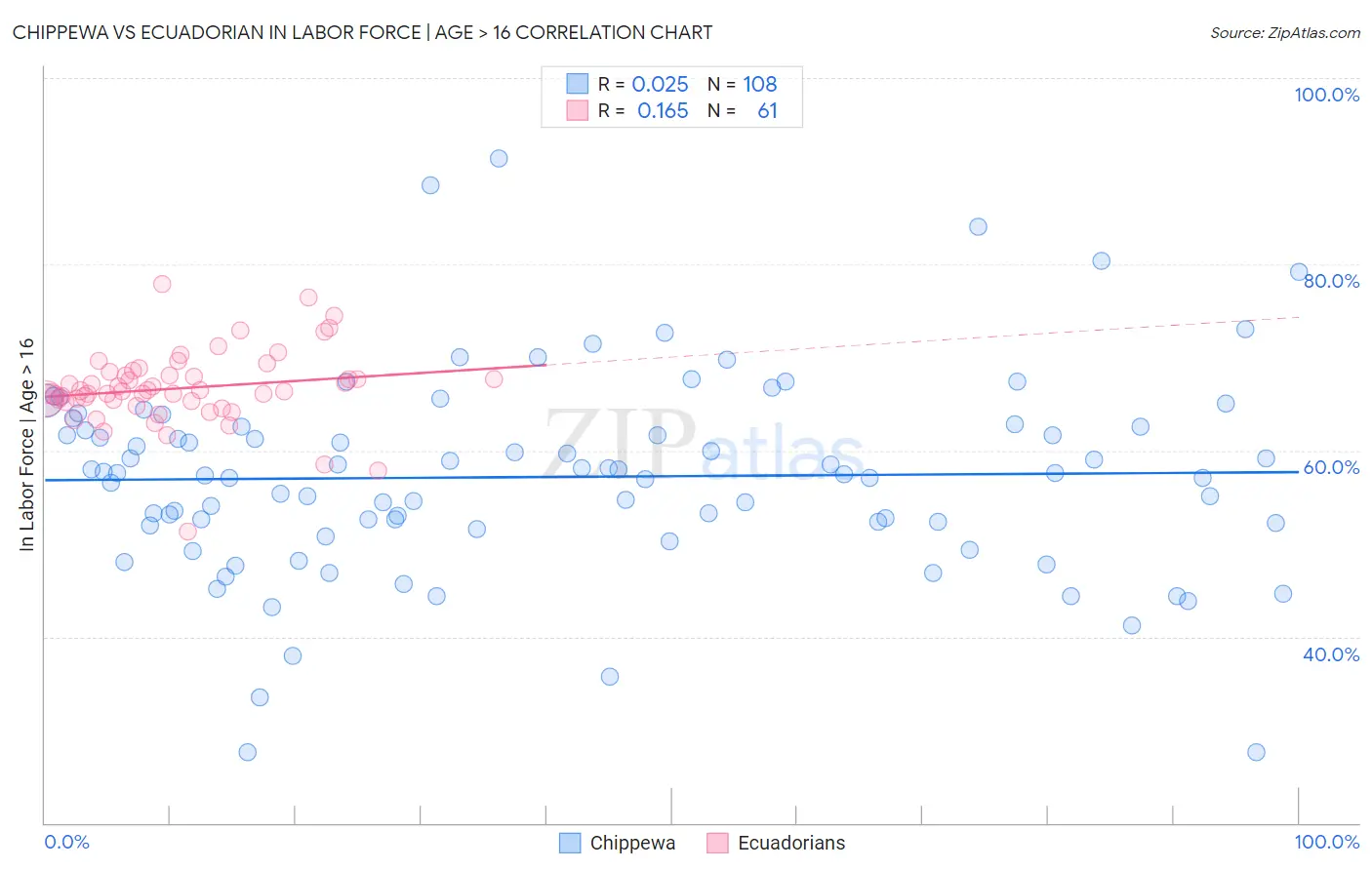 Chippewa vs Ecuadorian In Labor Force | Age > 16
