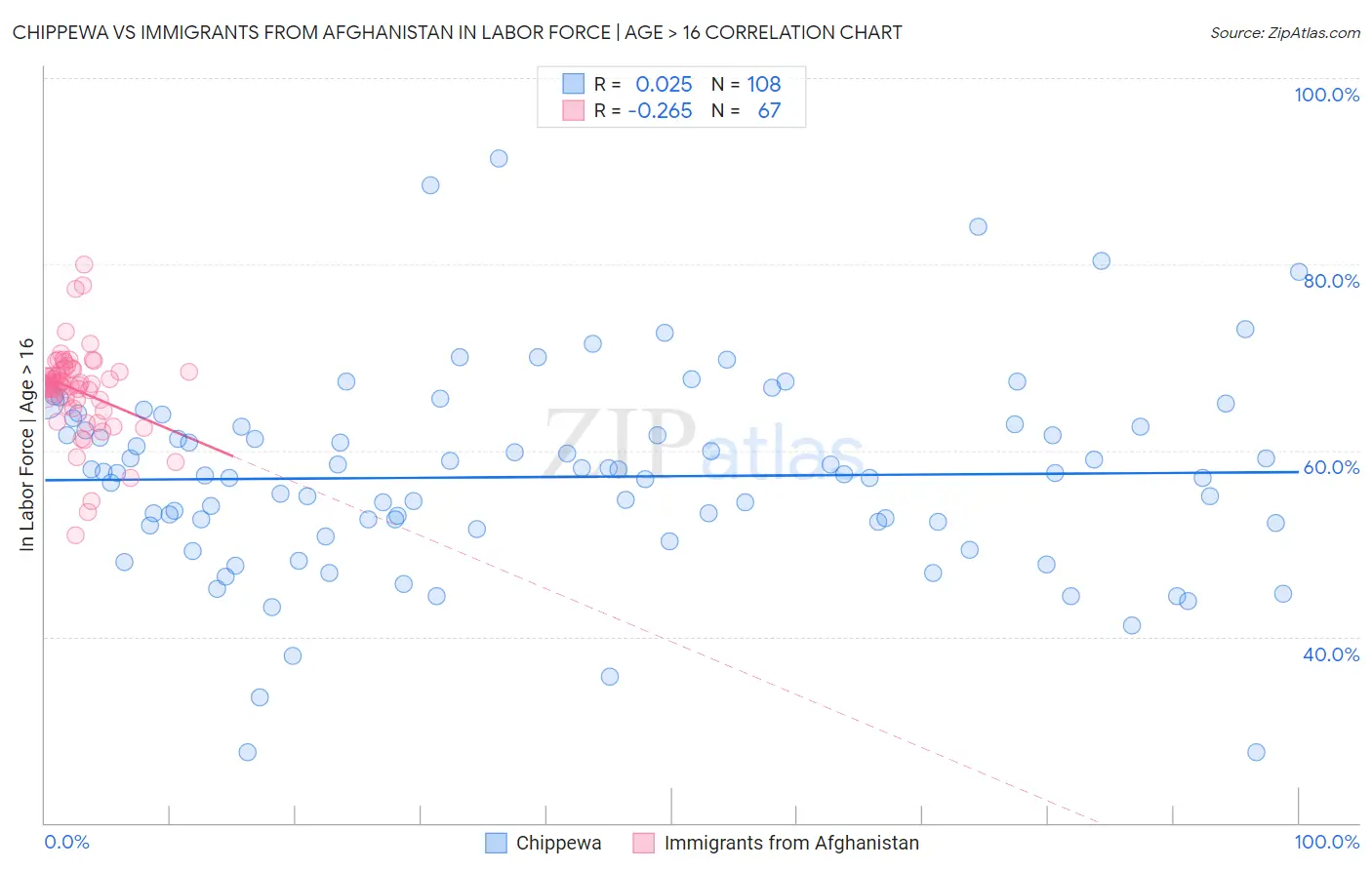 Chippewa vs Immigrants from Afghanistan In Labor Force | Age > 16