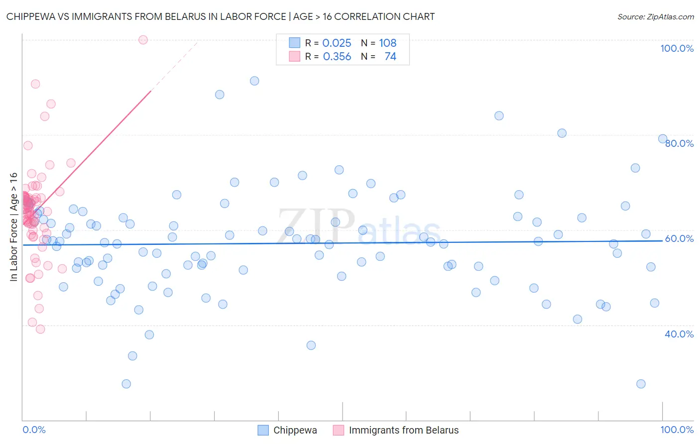 Chippewa vs Immigrants from Belarus In Labor Force | Age > 16