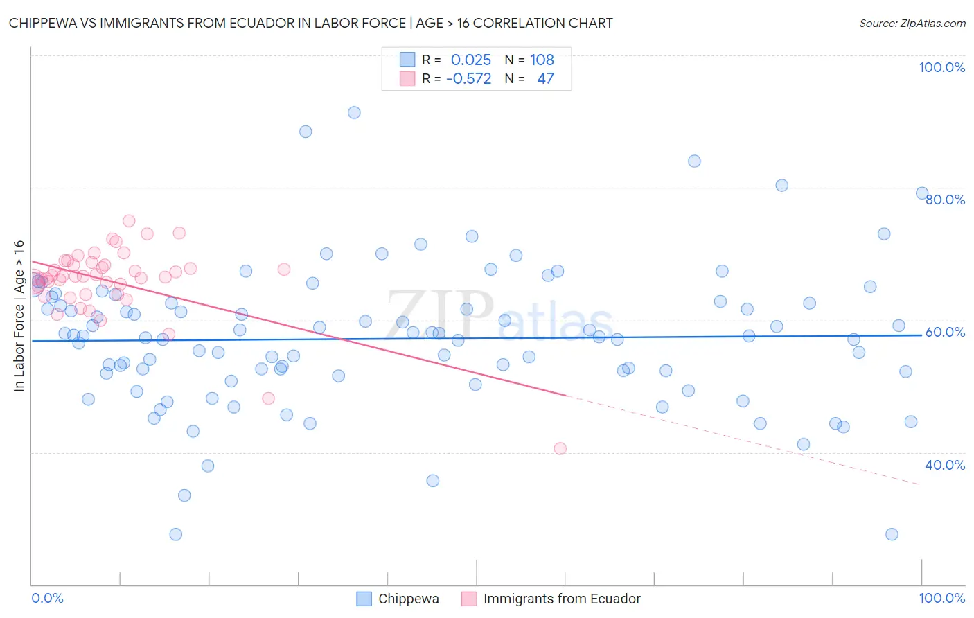 Chippewa vs Immigrants from Ecuador In Labor Force | Age > 16