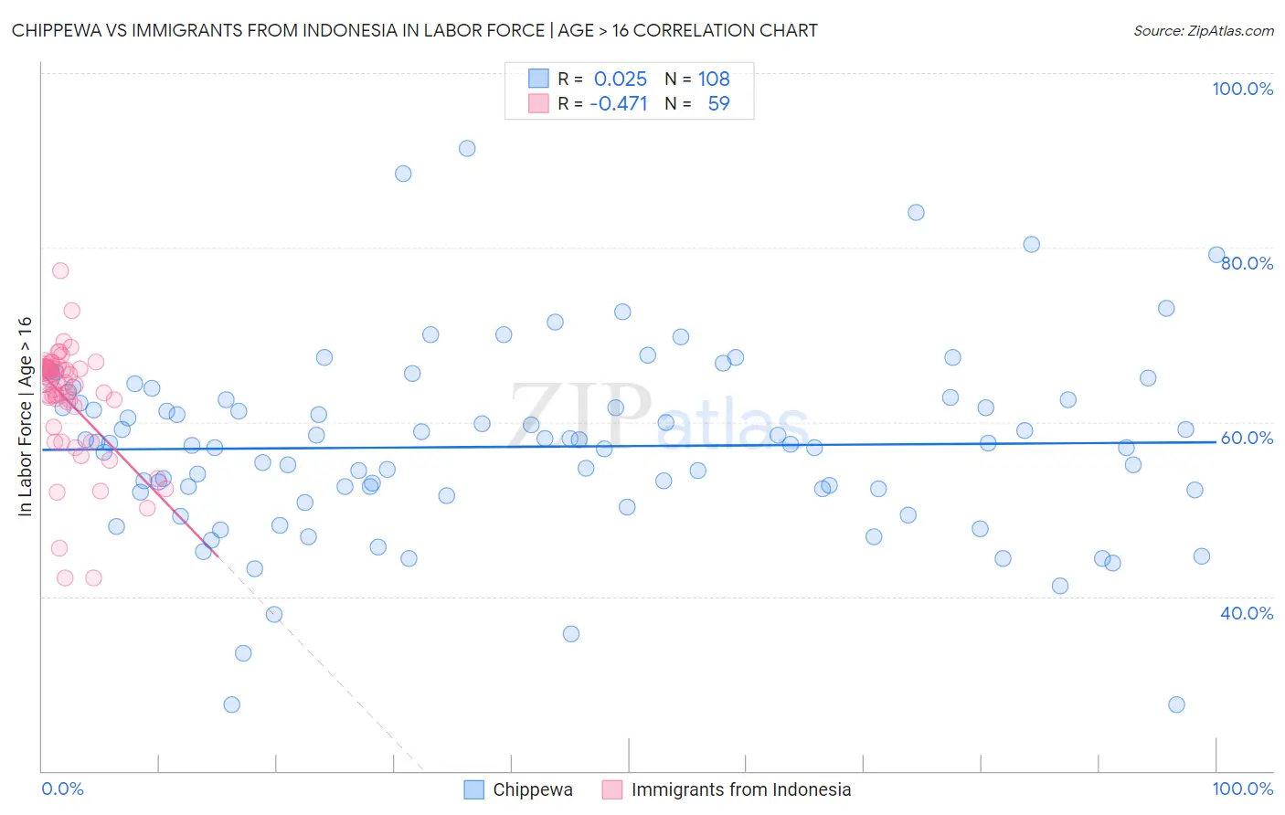 Chippewa vs Immigrants from Indonesia In Labor Force | Age > 16