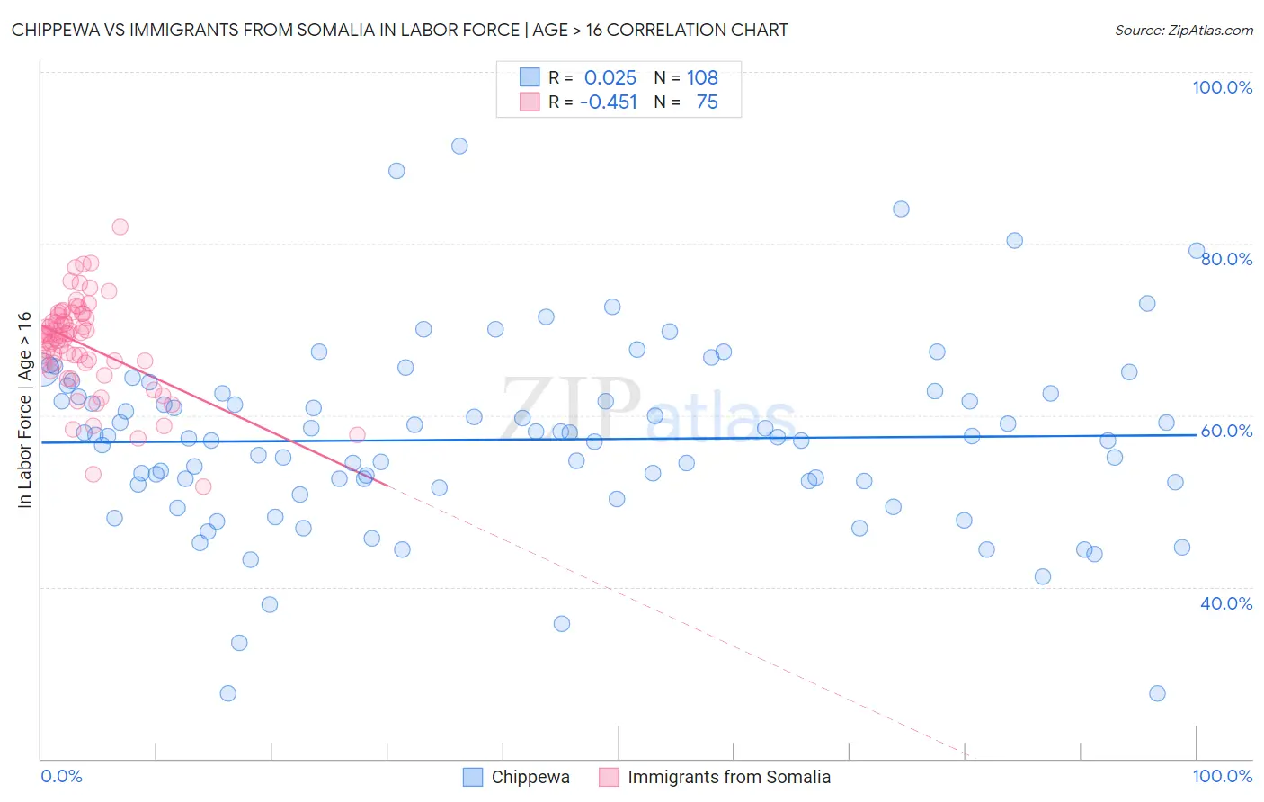 Chippewa vs Immigrants from Somalia In Labor Force | Age > 16
