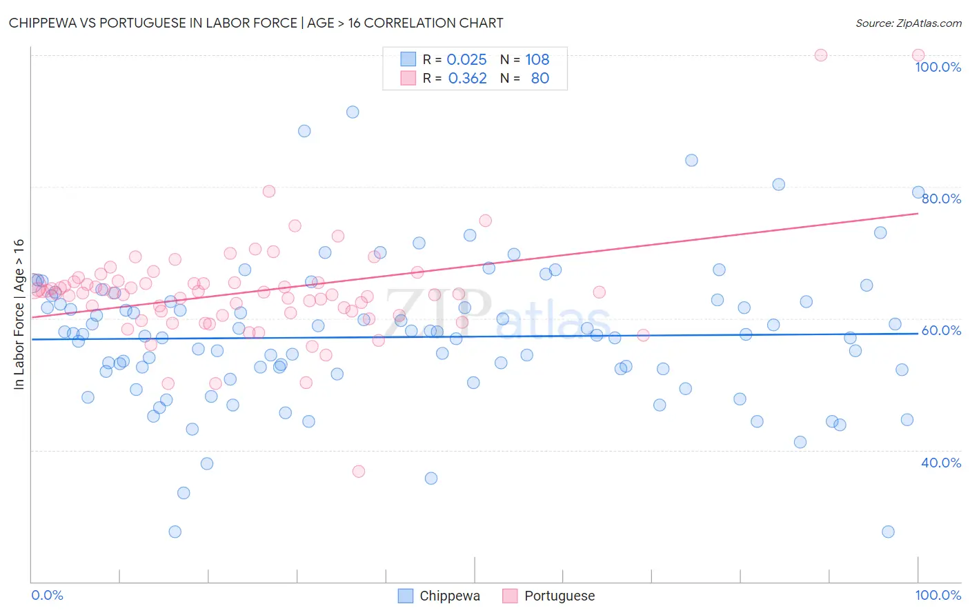 Chippewa vs Portuguese In Labor Force | Age > 16