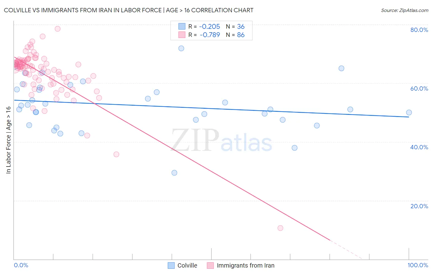 Colville vs Immigrants from Iran In Labor Force | Age > 16