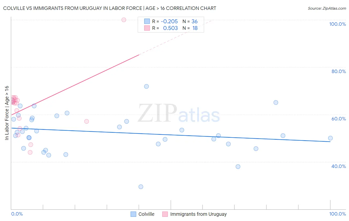 Colville vs Immigrants from Uruguay In Labor Force | Age > 16