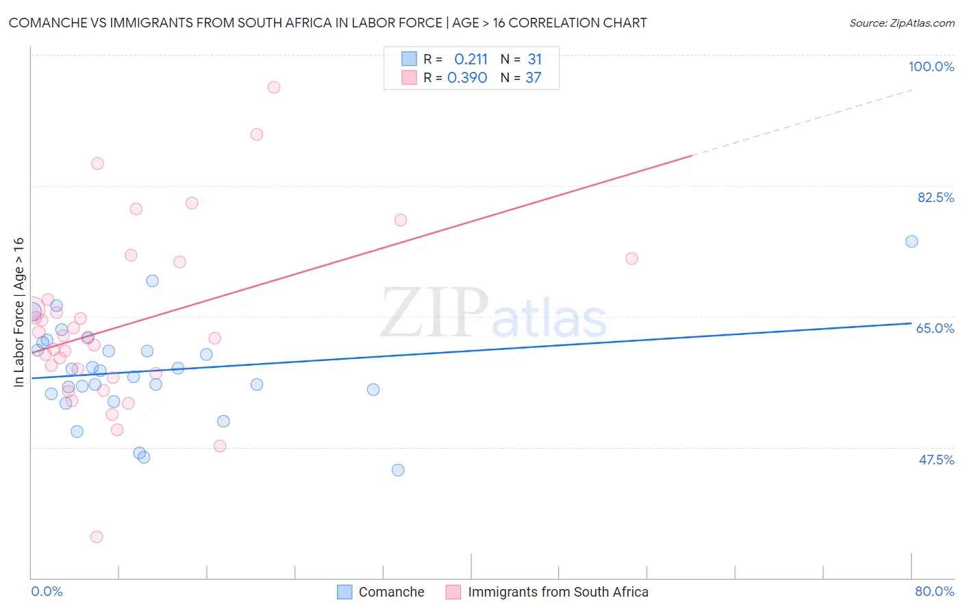 Comanche vs Immigrants from South Africa In Labor Force | Age > 16