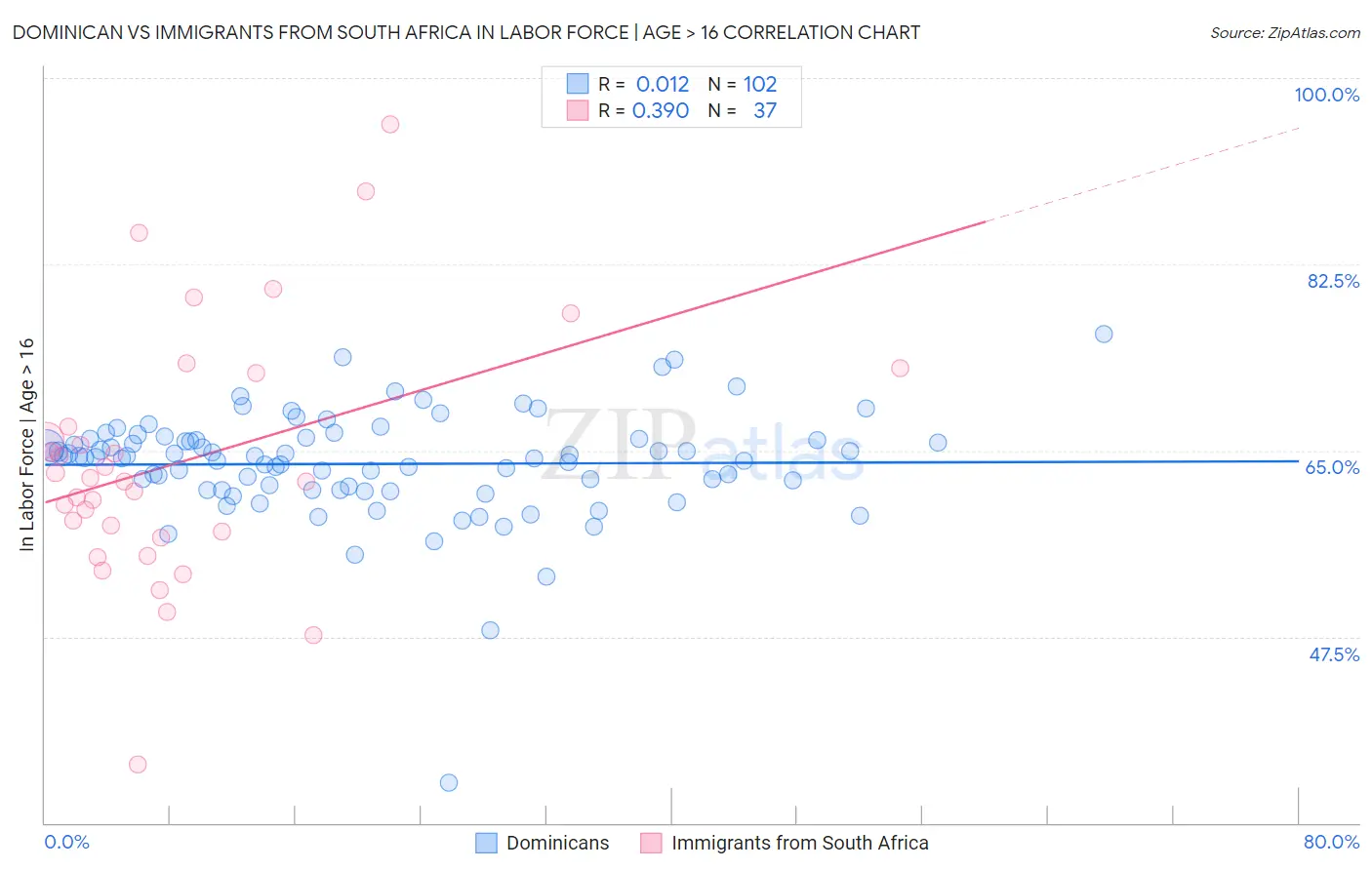 Dominican vs Immigrants from South Africa In Labor Force | Age > 16