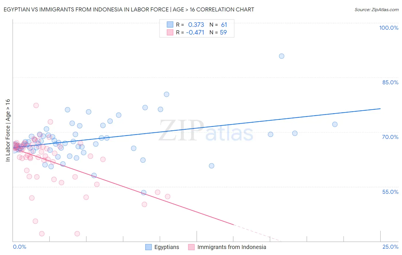 Egyptian vs Immigrants from Indonesia In Labor Force | Age > 16