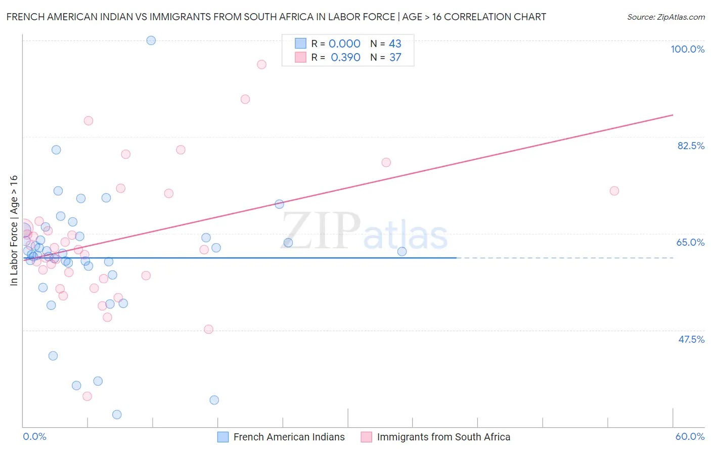 French American Indian vs Immigrants from South Africa In Labor Force | Age > 16