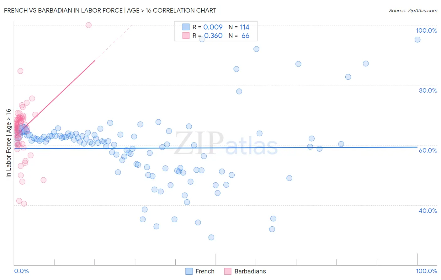 French vs Barbadian In Labor Force | Age > 16