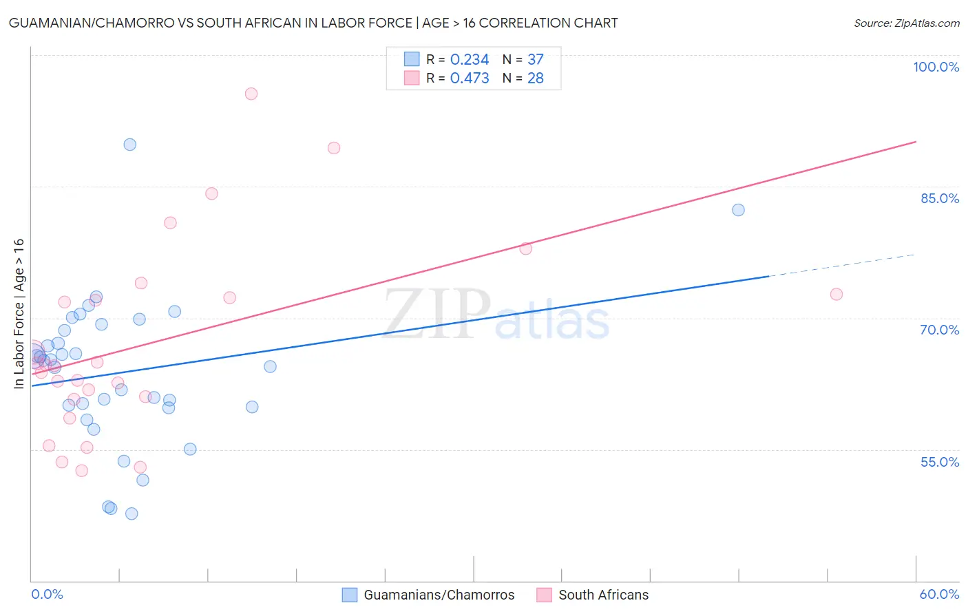 Guamanian/Chamorro vs South African In Labor Force | Age > 16