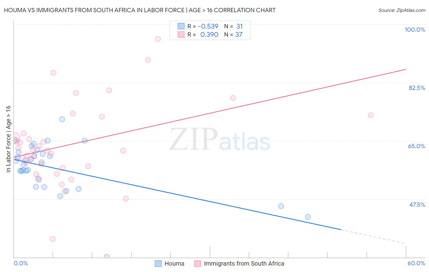 Houma vs Immigrants from South Africa In Labor Force | Age > 16