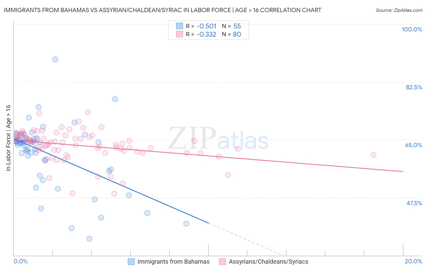 Immigrants from Bahamas vs Assyrian/Chaldean/Syriac In Labor Force | Age > 16