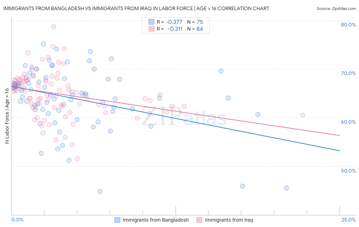 Immigrants from Bangladesh vs Immigrants from Iraq In Labor Force | Age > 16