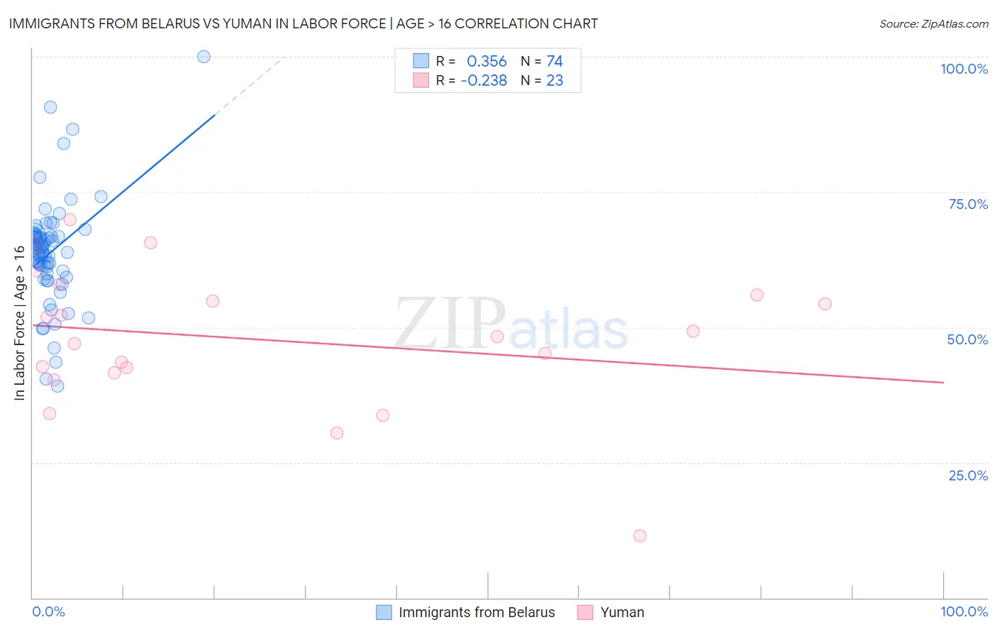 Immigrants from Belarus vs Yuman In Labor Force | Age > 16