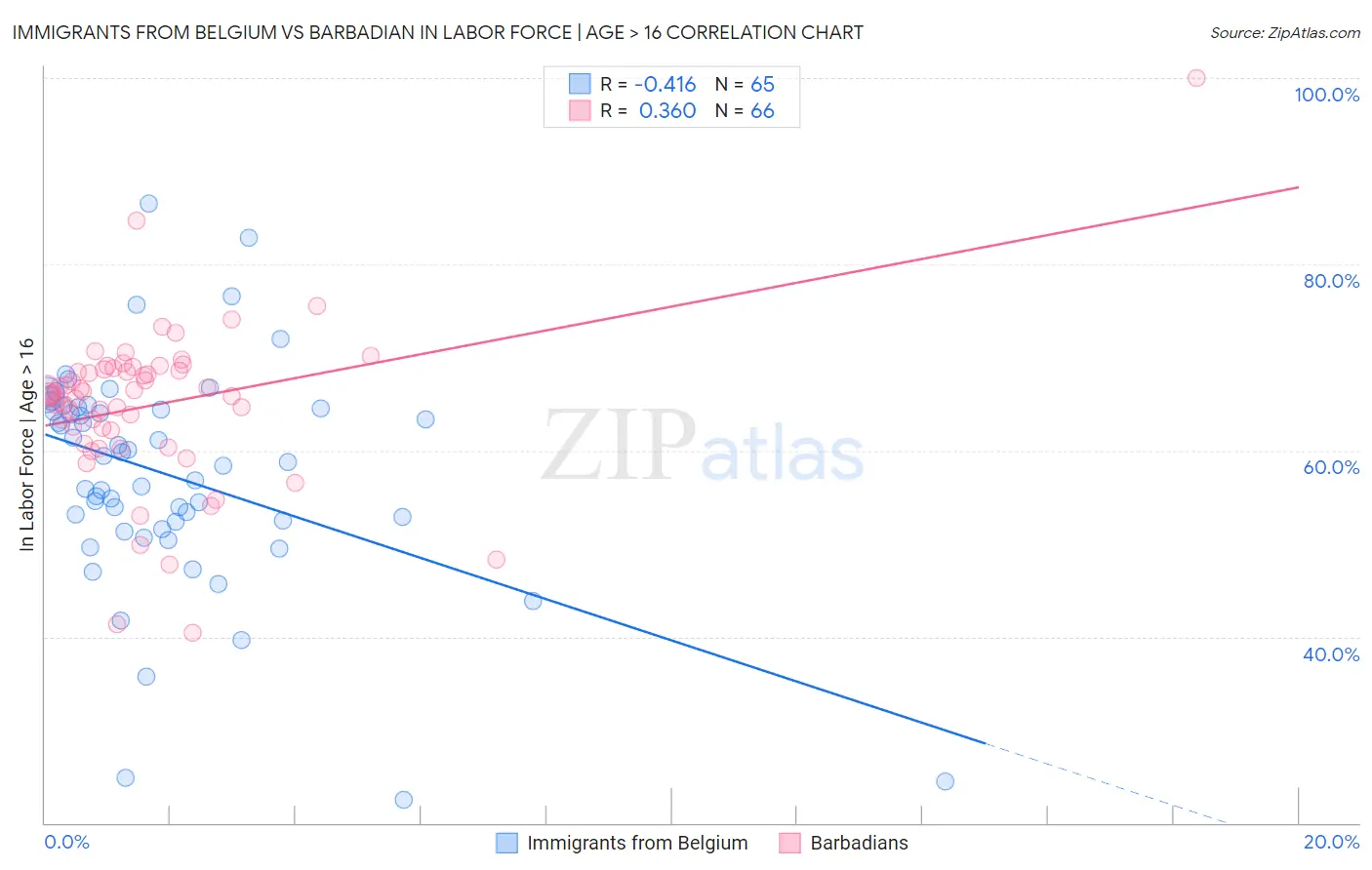 Immigrants from Belgium vs Barbadian In Labor Force | Age > 16