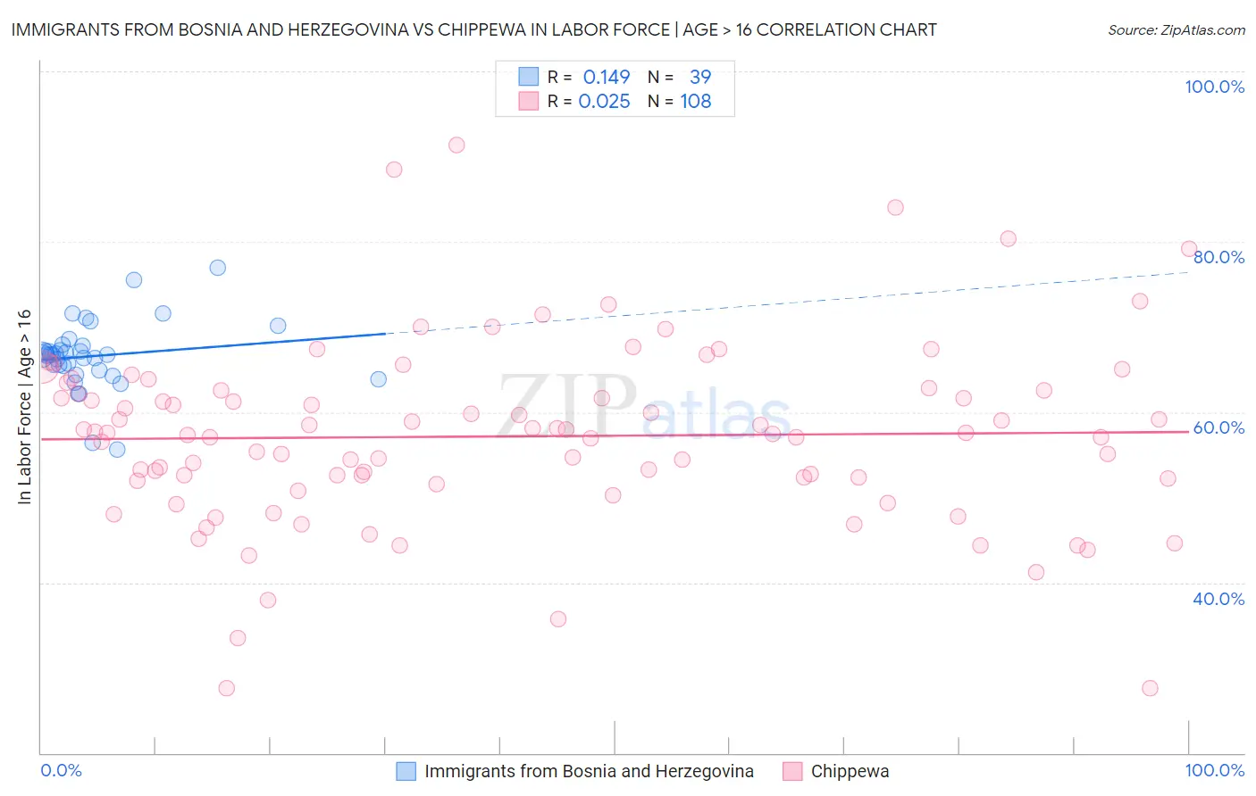 Immigrants from Bosnia and Herzegovina vs Chippewa In Labor Force | Age > 16