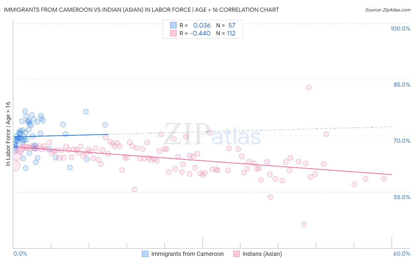 Immigrants from Cameroon vs Indian (Asian) In Labor Force | Age > 16