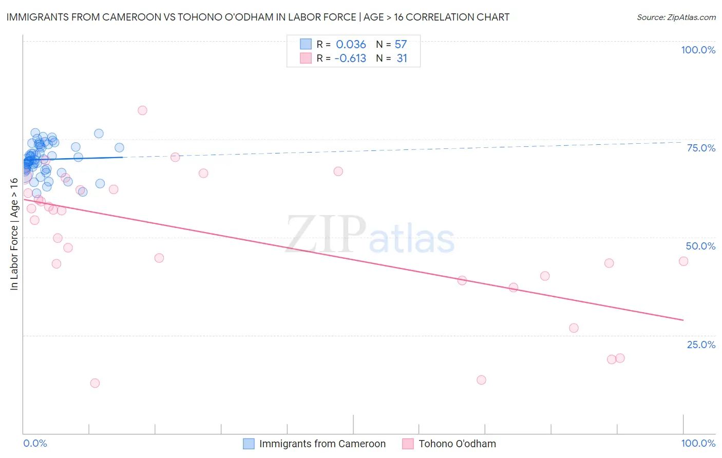 Immigrants from Cameroon vs Tohono O'odham In Labor Force | Age > 16