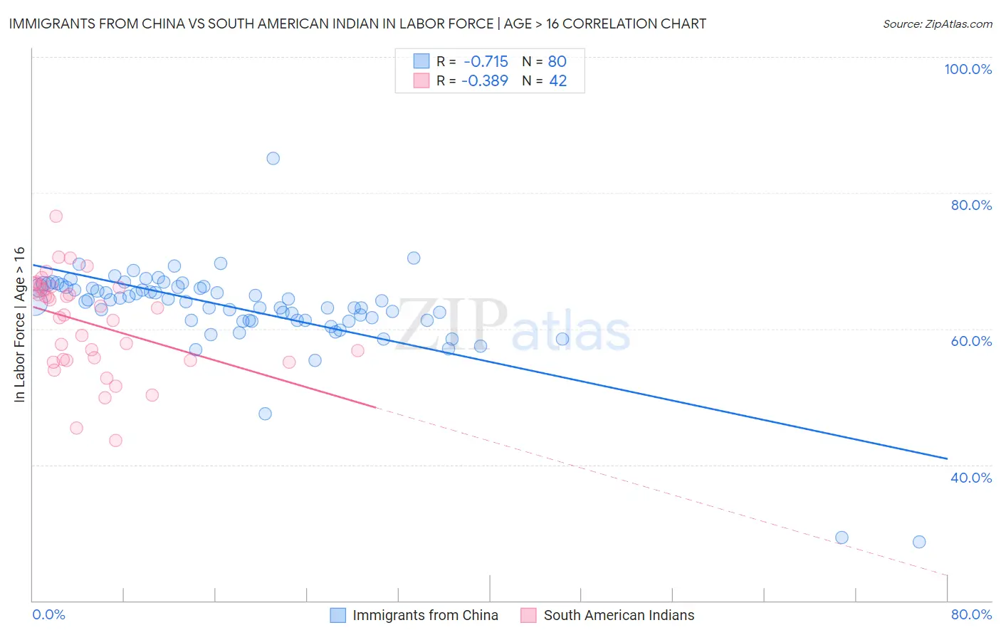 Immigrants from China vs South American Indian In Labor Force | Age > 16
