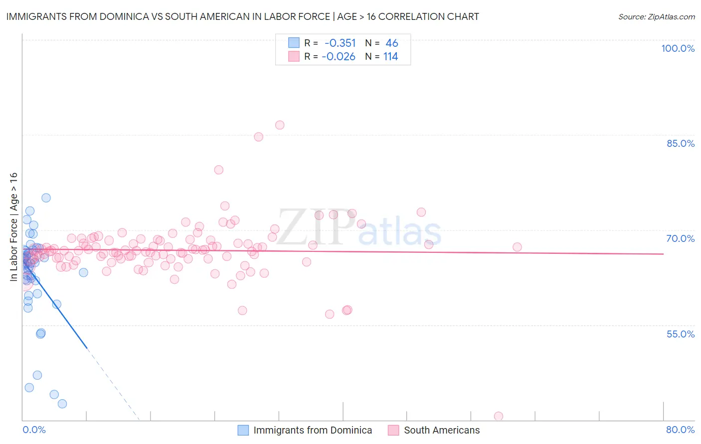 Immigrants from Dominica vs South American In Labor Force | Age > 16