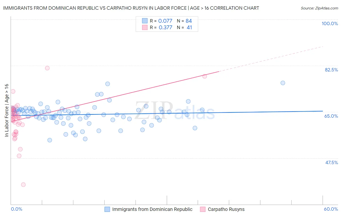 Immigrants from Dominican Republic vs Carpatho Rusyn In Labor Force | Age > 16