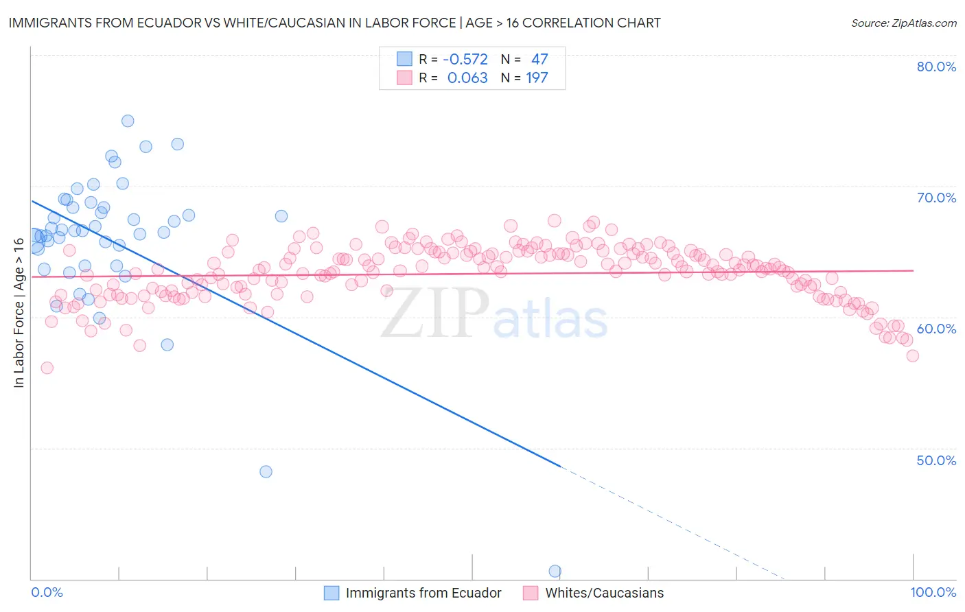Immigrants from Ecuador vs White/Caucasian In Labor Force | Age > 16