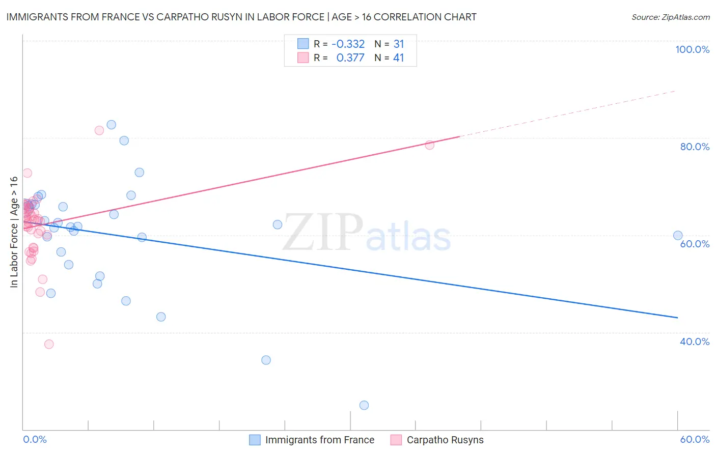Immigrants from France vs Carpatho Rusyn In Labor Force | Age > 16