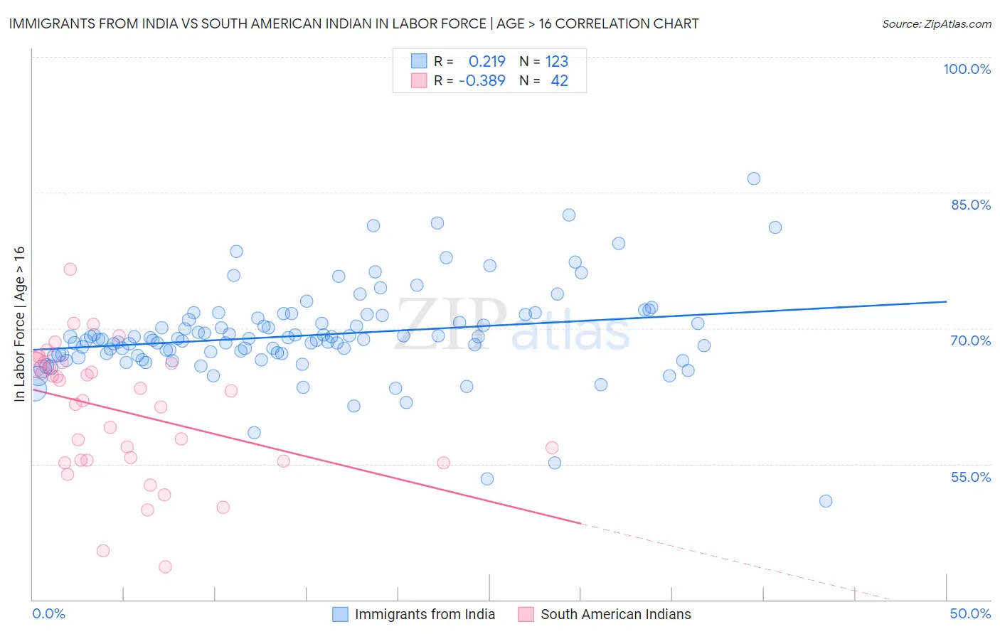 Immigrants from India vs South American Indian In Labor Force | Age > 16