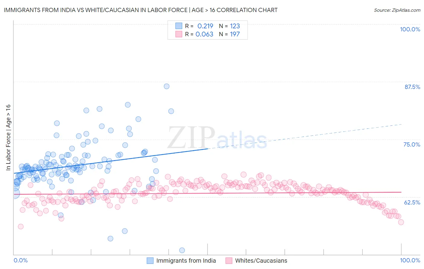 Immigrants from India vs White/Caucasian In Labor Force | Age > 16