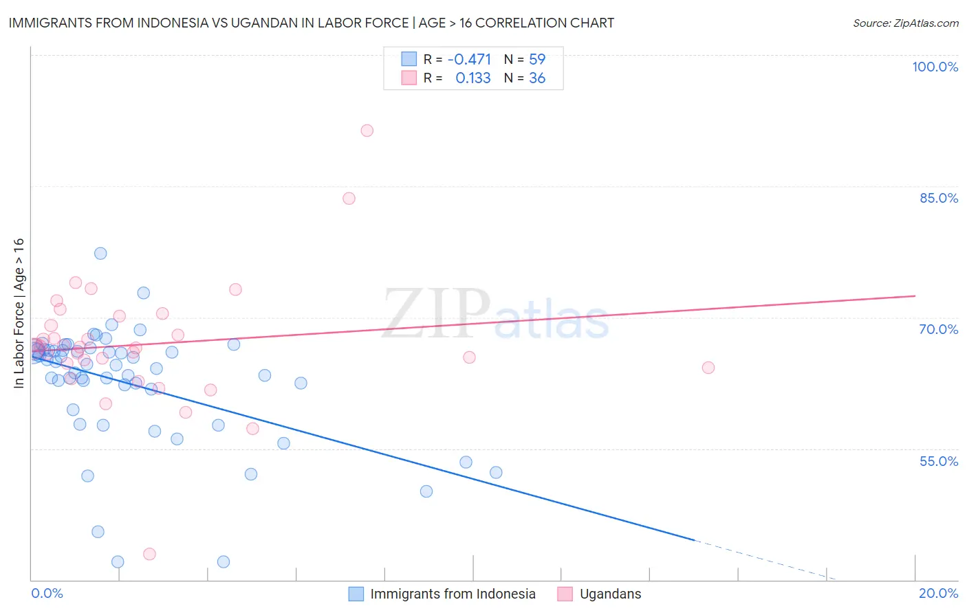 Immigrants from Indonesia vs Ugandan In Labor Force | Age > 16