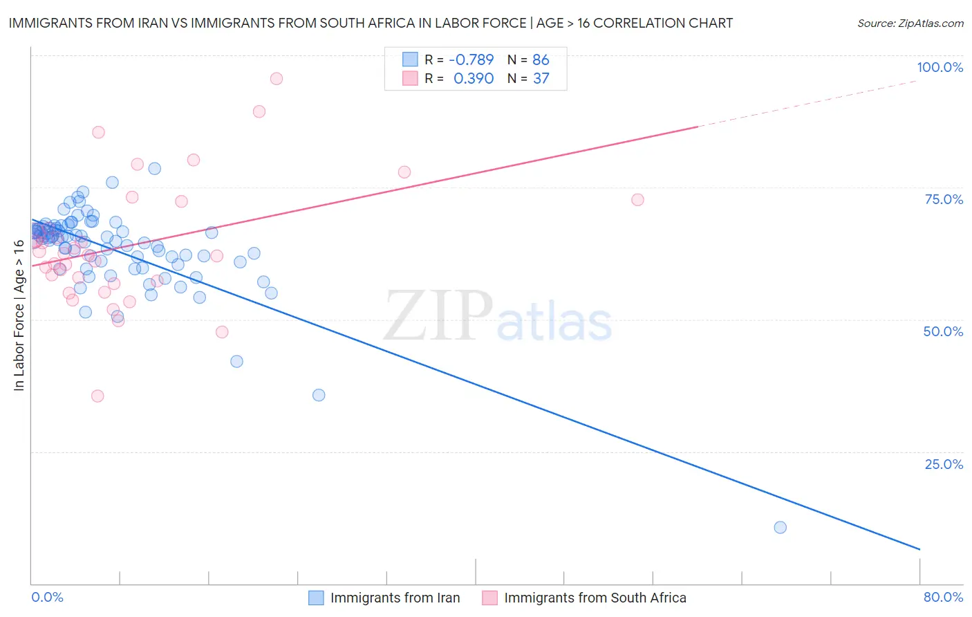 Immigrants from Iran vs Immigrants from South Africa In Labor Force | Age > 16