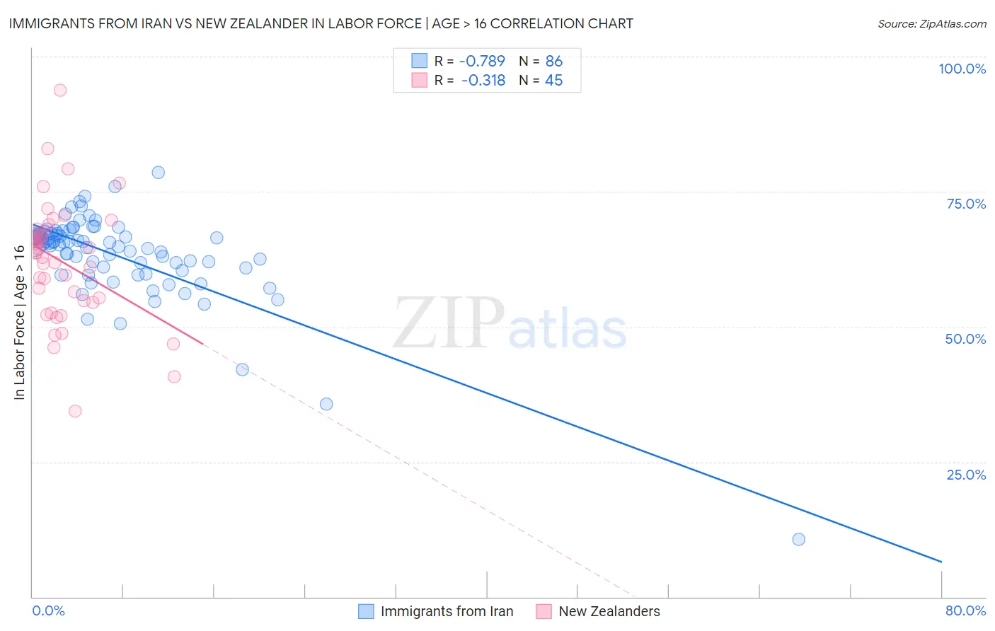 Immigrants from Iran vs New Zealander In Labor Force | Age > 16