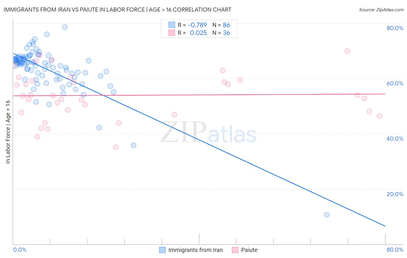 Immigrants from Iran vs Paiute In Labor Force | Age > 16