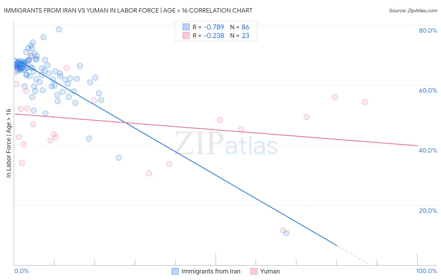 Immigrants from Iran vs Yuman In Labor Force | Age > 16