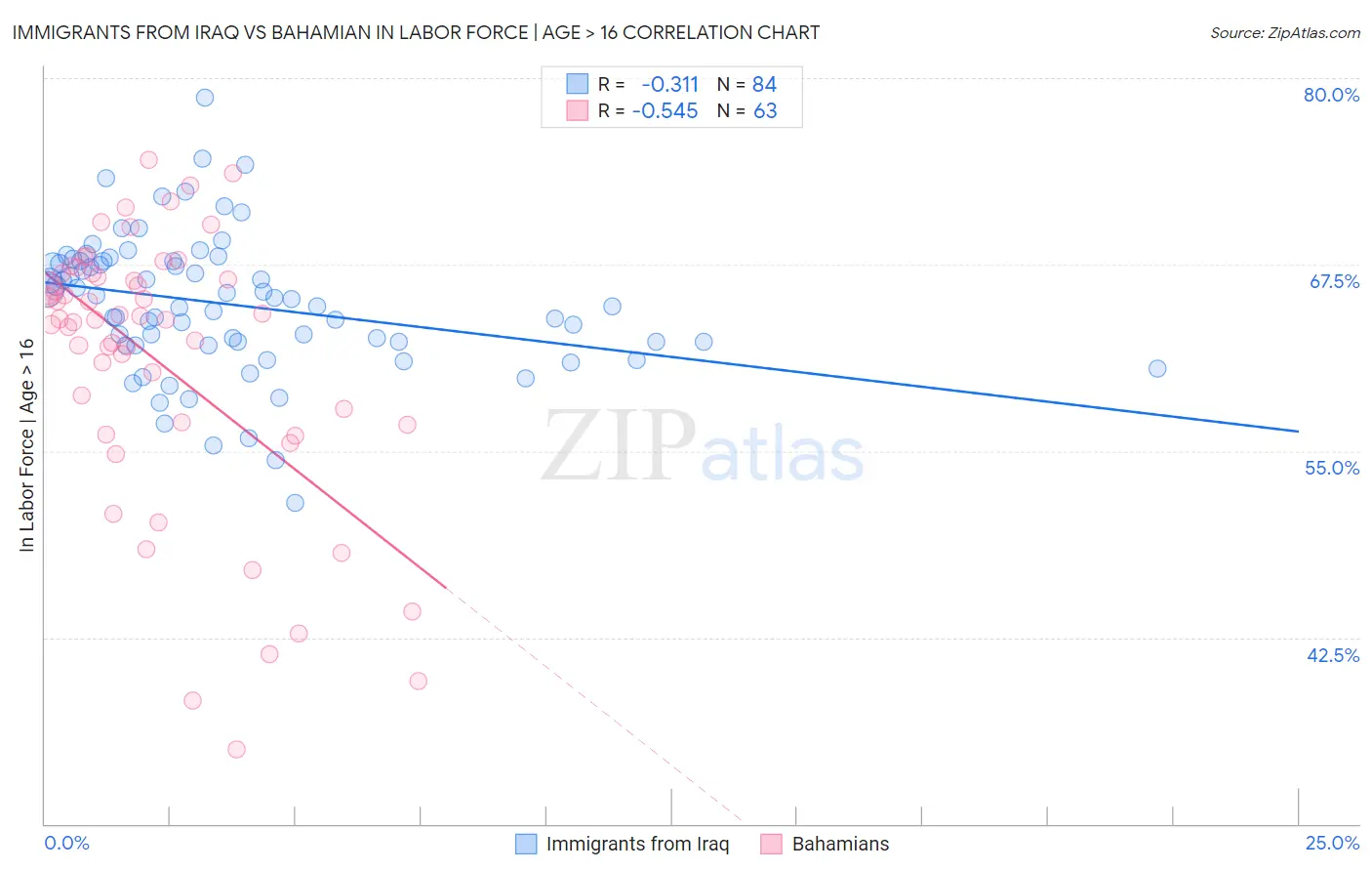 Immigrants from Iraq vs Bahamian In Labor Force | Age > 16